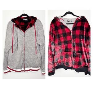 Pook Mens L Reversible Full Zip Hoodie Fleece Buffalo Plaid Red Black Jacket